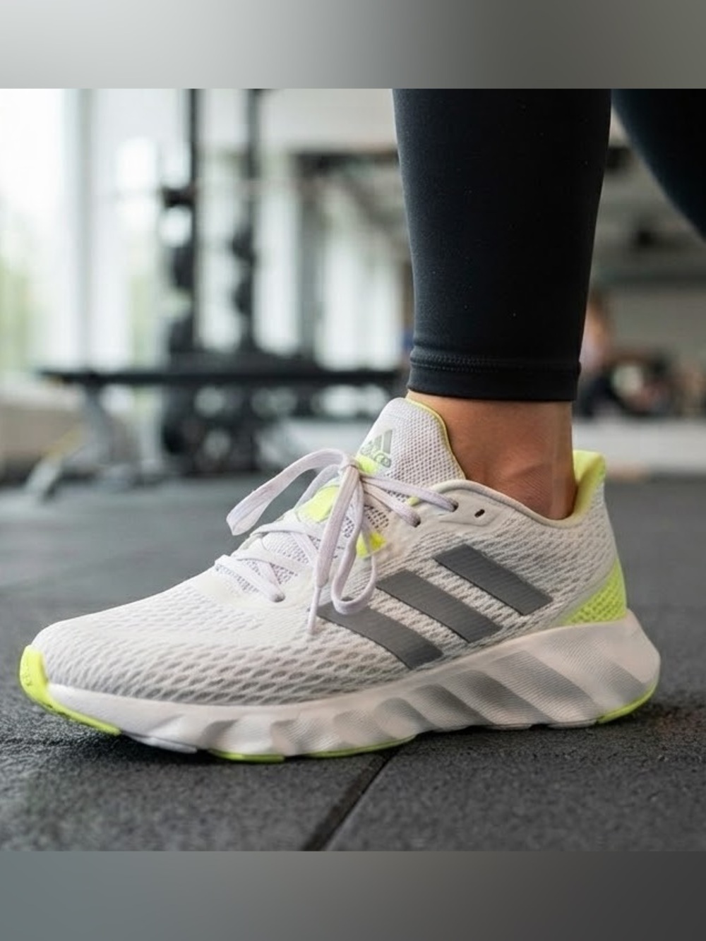 Adidas Switch Run performance white gray neon accents active cushion shoes 7.5